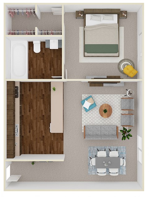 Floor plan for 1 bed, 1 bath, 672 sqft